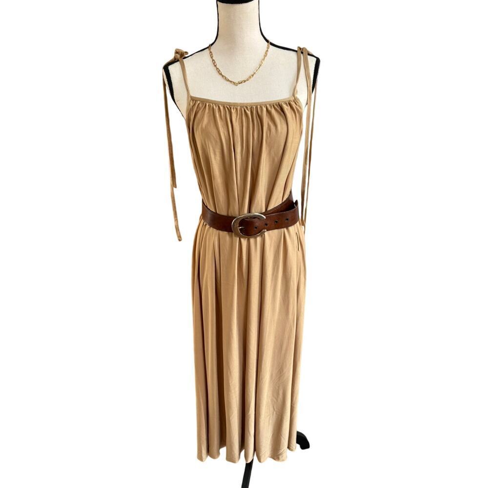Women’s 100% Silk Maxi Dress Large Tan Gold Sheer Flowy Spaghetti Strap Women’s - Picture 2 of 8